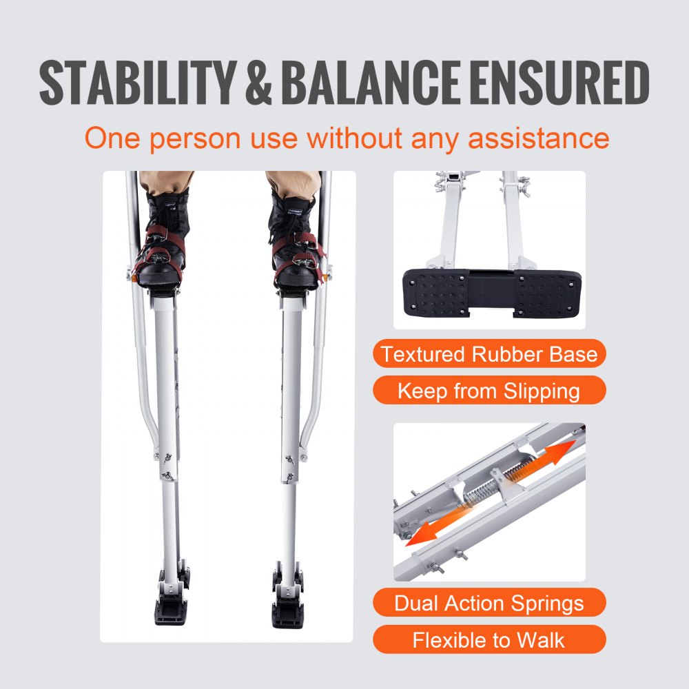 Silver adjustable aluminum drywall stilts with knee pads, height 36-50 inches.