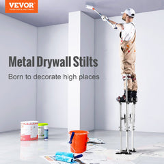 Silver aluminum drywall stilts with adjustable height and soft knee pads for comfort.