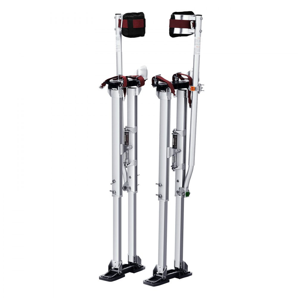 Adjustable aluminum drywall stilts with knee pads, height 36-50 inches, in silver color.