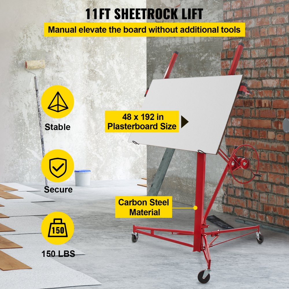 Drywall Rolling Lifter Panel, 11ft Sheetrock Lift Drywall Lift, 150lb Weight Capacity Panel Hoist Jack Tool, Steel Material w/Telescopic Arm & 3 Lockable Wheels, 48x192 in Plasterboard Size