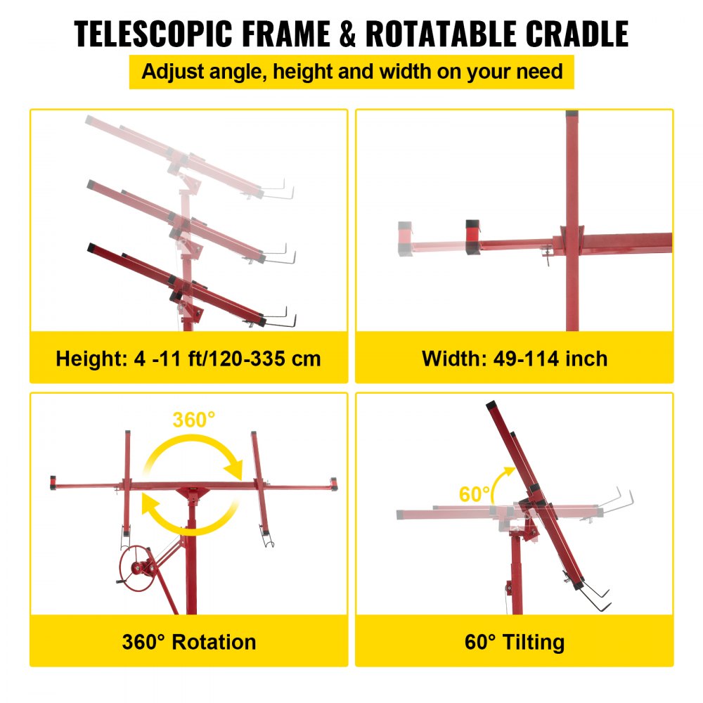 Drywall Rolling Lifter Panel, 11ft Sheetrock Lift Drywall Lift, 150lb Weight Capacity Panel Hoist Jack Tool, Steel Material w/Telescopic Arm & 3 Lockable Wheels, 48x192 in Plasterboard Size