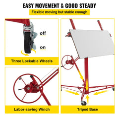 Drywall Rolling Lifter Panel, 11ft Sheetrock Lift Drywall Lift, 150lb Weight Capacity Panel Hoist Jack Tool, Steel Material w/Telescopic Arm & 3 Lockable Wheels, 48x192 in Plasterboard Size