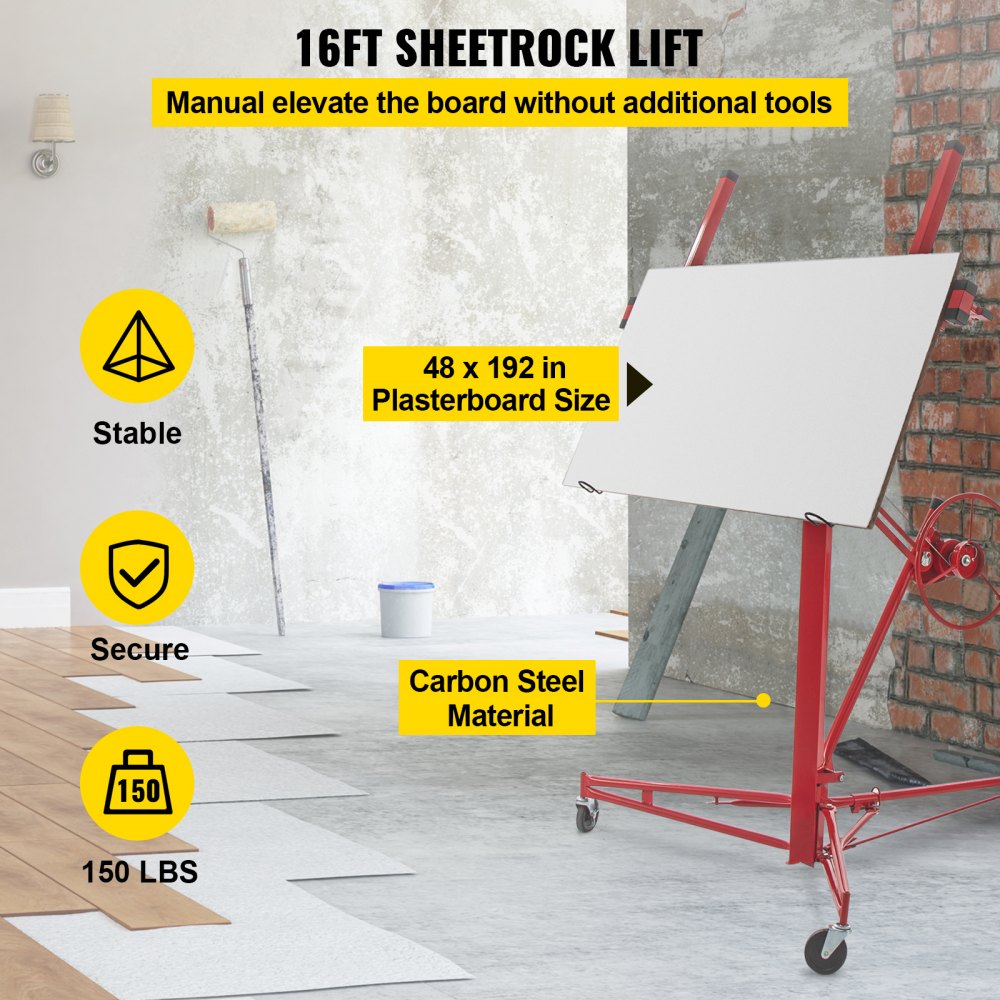 Drywall Rolling Lifter Panel, 16ft Sheetrock Lift Drywall Lift, 150lb Weight Capacity Panel Hoist Jack Tool, Steel Material w/Telescopic Arm & 3 Lockable Wheels, 48x192 in Plasterboard Size