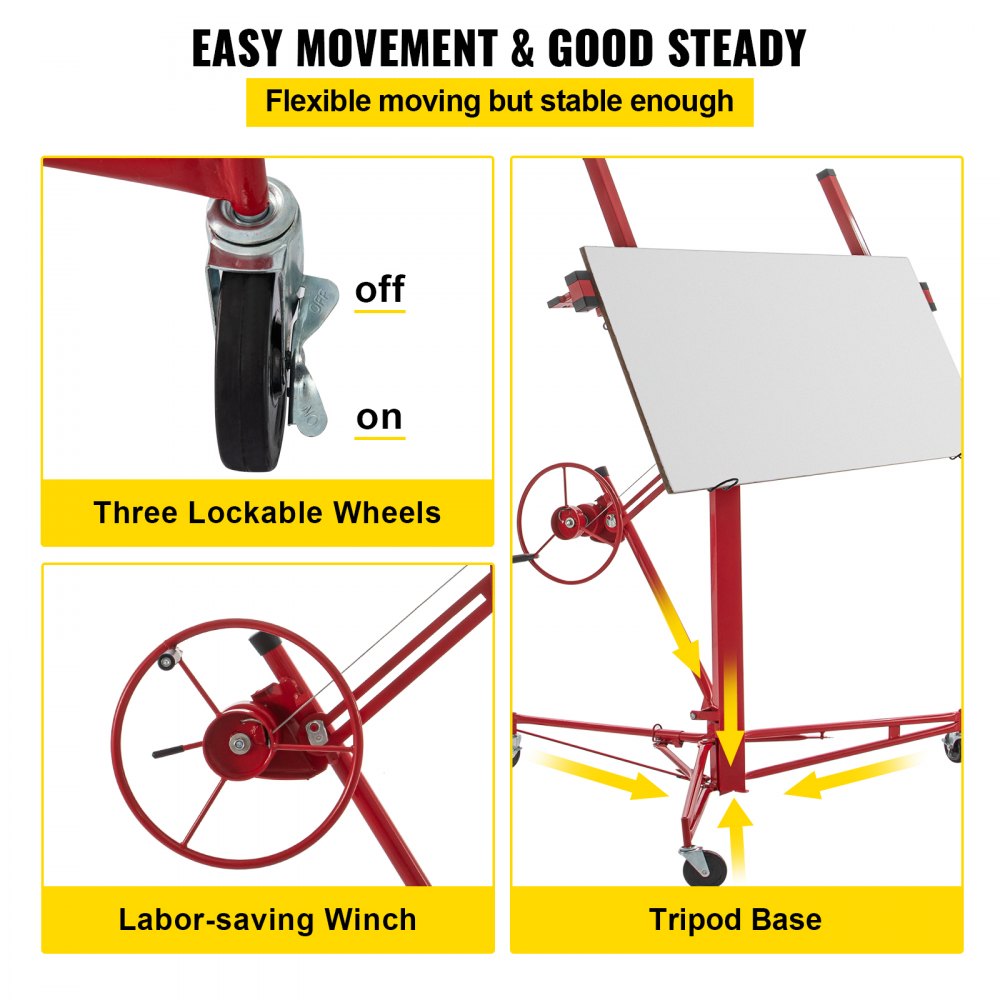 Drywall Rolling Lifter Panel, 16ft Sheetrock Lift Drywall Lift, 150lb Weight Capacity Panel Hoist Jack Tool, Steel Material w/Telescopic Arm & 3 Lockable Wheels, 48x192 in Plasterboard Size
