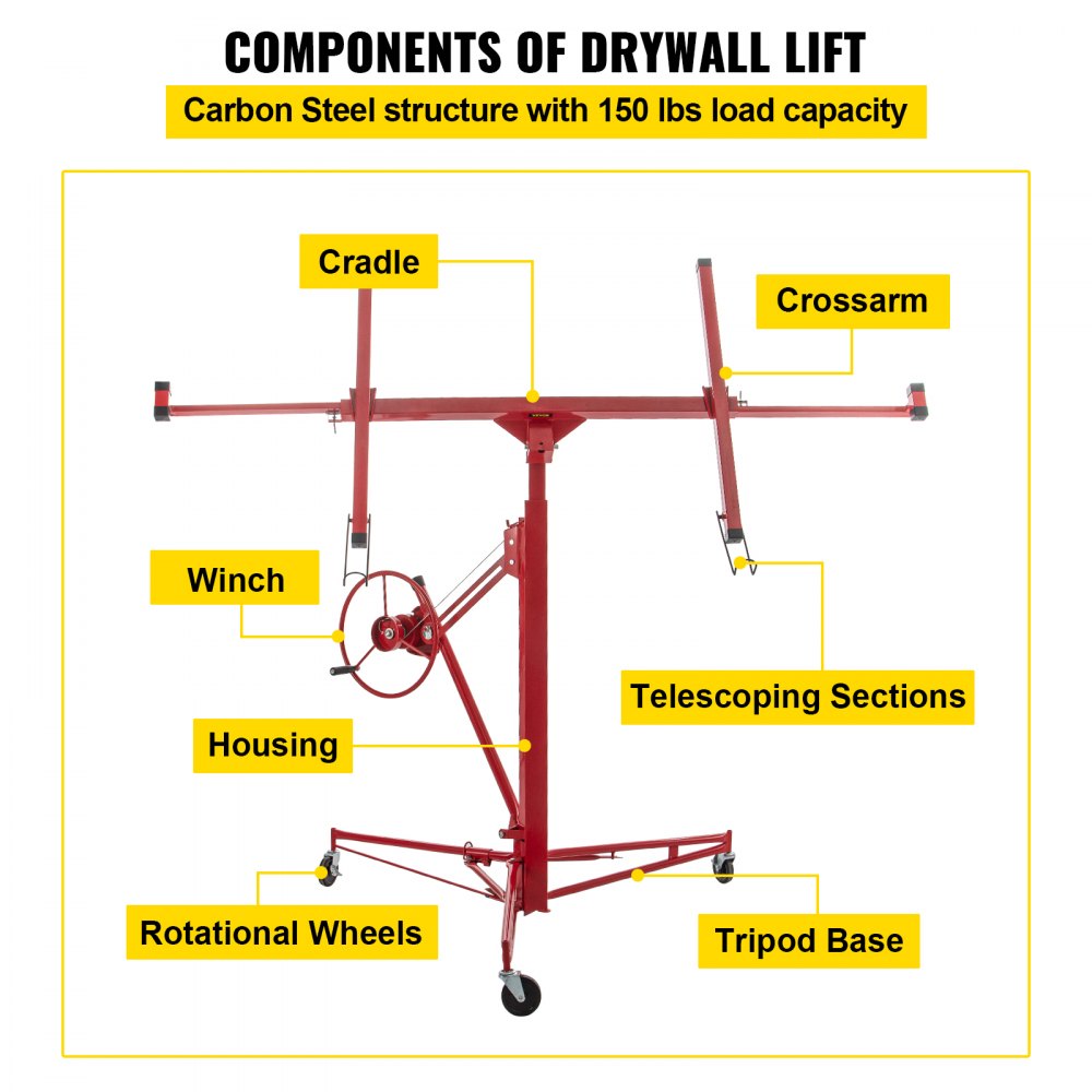 Drywall Rolling Lifter Panel, 16ft Sheetrock Lift Drywall Lift, 150lb Weight Capacity Panel Hoist Jack Tool, Steel Material w/Telescopic Arm & 3 Lockable Wheels, 48x192 in Plasterboard Size