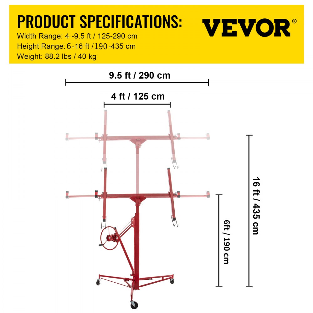 Drywall Rolling Lifter Panel, 16ft Sheetrock Lift Drywall Lift, 150lb Weight Capacity Panel Hoist Jack Tool, Steel Material w/Telescopic Arm & 3 Lockable Wheels, 48x192 in Plasterboard Size