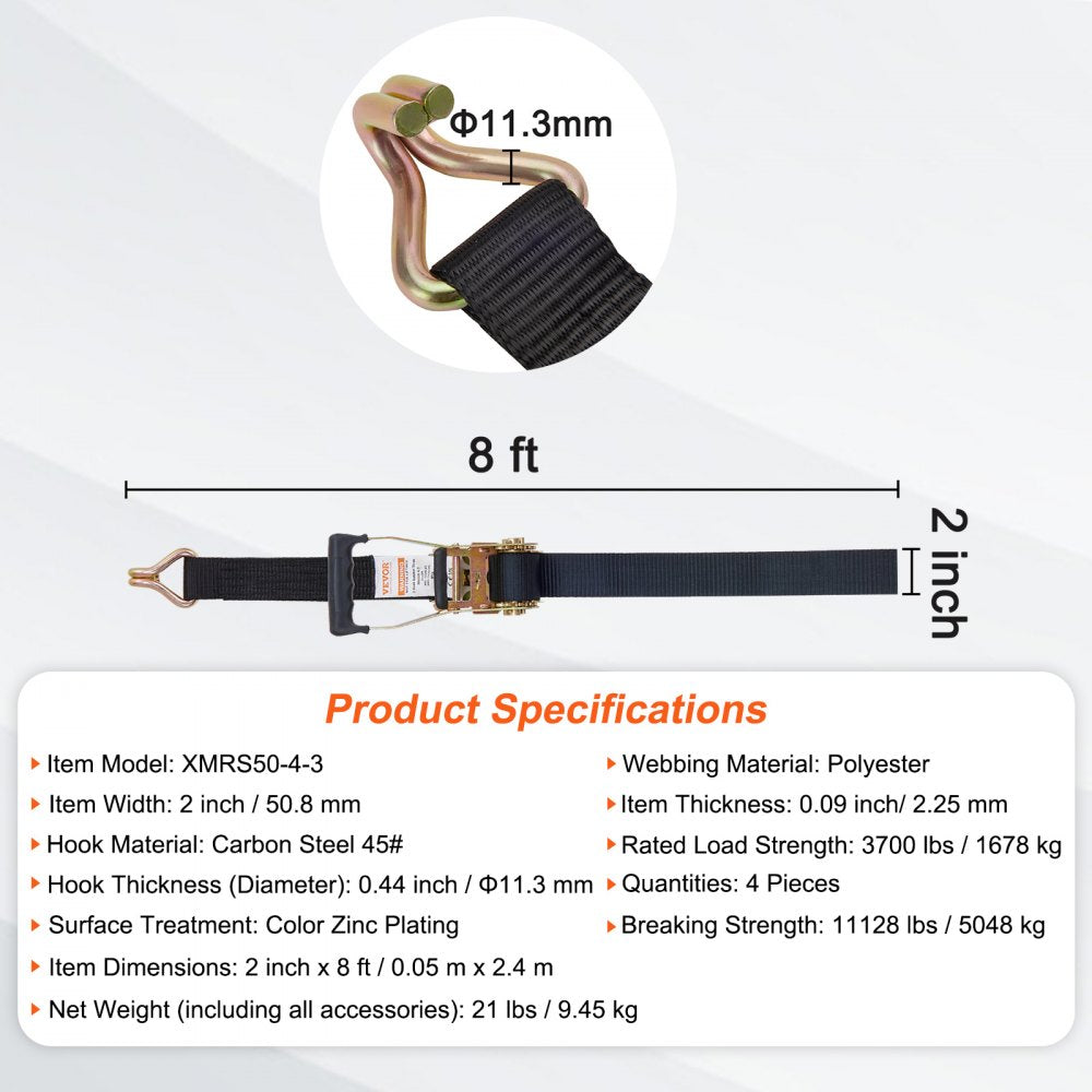 Ratchet Tie Down Straps (4PK), 11128 lb Break Strength, Double J Hook Includes 4 Premium 2" x 8` Rachet Tie Downs with Padded Handles, for Moving Securing Cargo, Appliances, Lawn Equipment