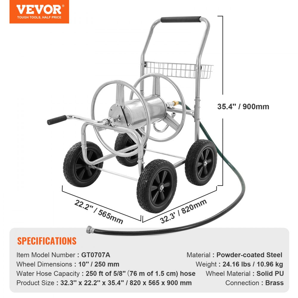 Hose Reel Cart, Hold Up to 250 ft of 5/8’’ Hose, Garden Water Hose Carts Mobile Tools with 4 Wheels, Heavy Duty Powder-coated Steel Outdoor Planting with Storage Basket, for Garden, Yard, Lawn