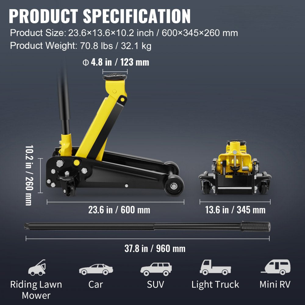 Low Profile Floor Jack 3 Ton Heavy Steel Single Piston Hydraulic Pump