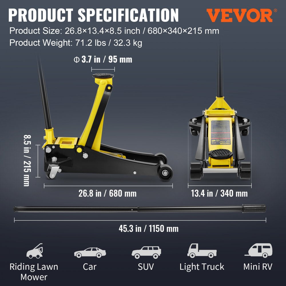 Low Profile Floor Jack 2.5 Ton Heavy Duty Steel Dual Piston Rapid Pump