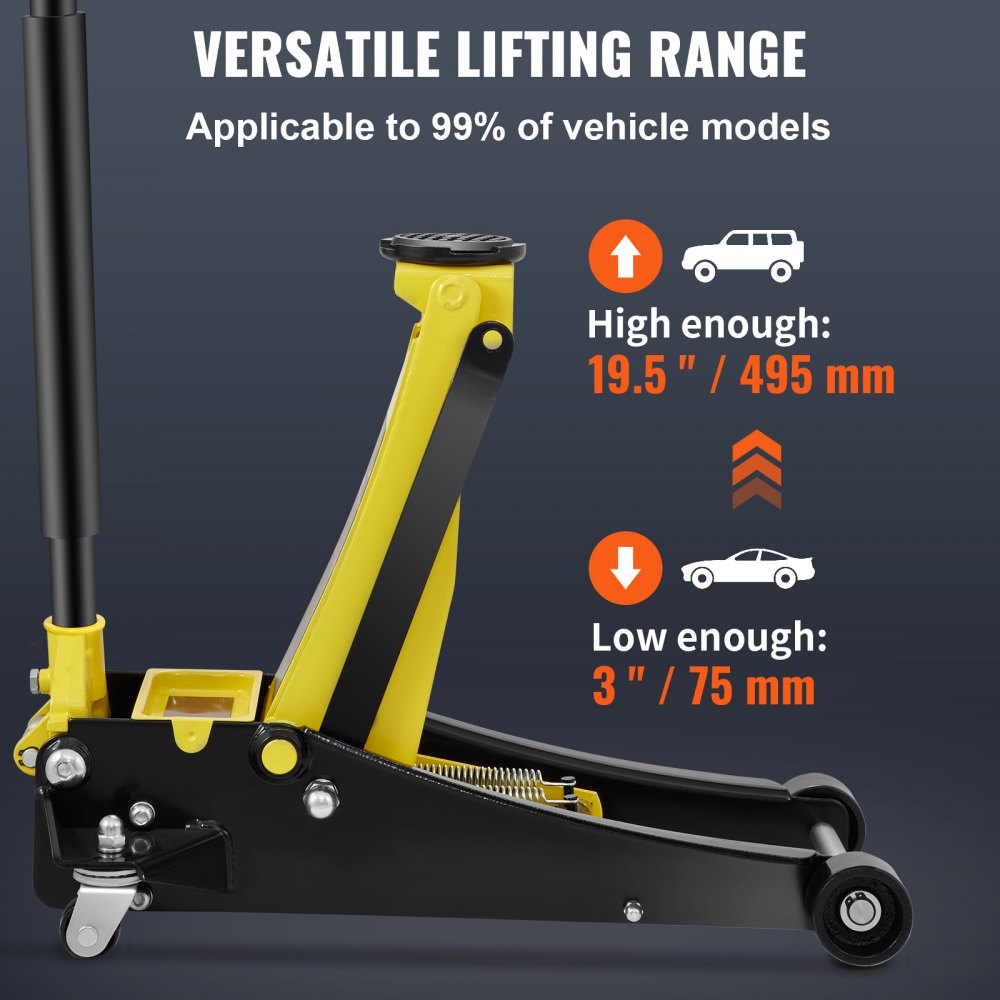 Floor Jack, 3 Ton Low Profile Floor Jack, Heavy-duty Steel Racing Floor Jack with Dual Pistons Quick Lift Pump, Floor Jack Lifting Range 3.35"-19.69"