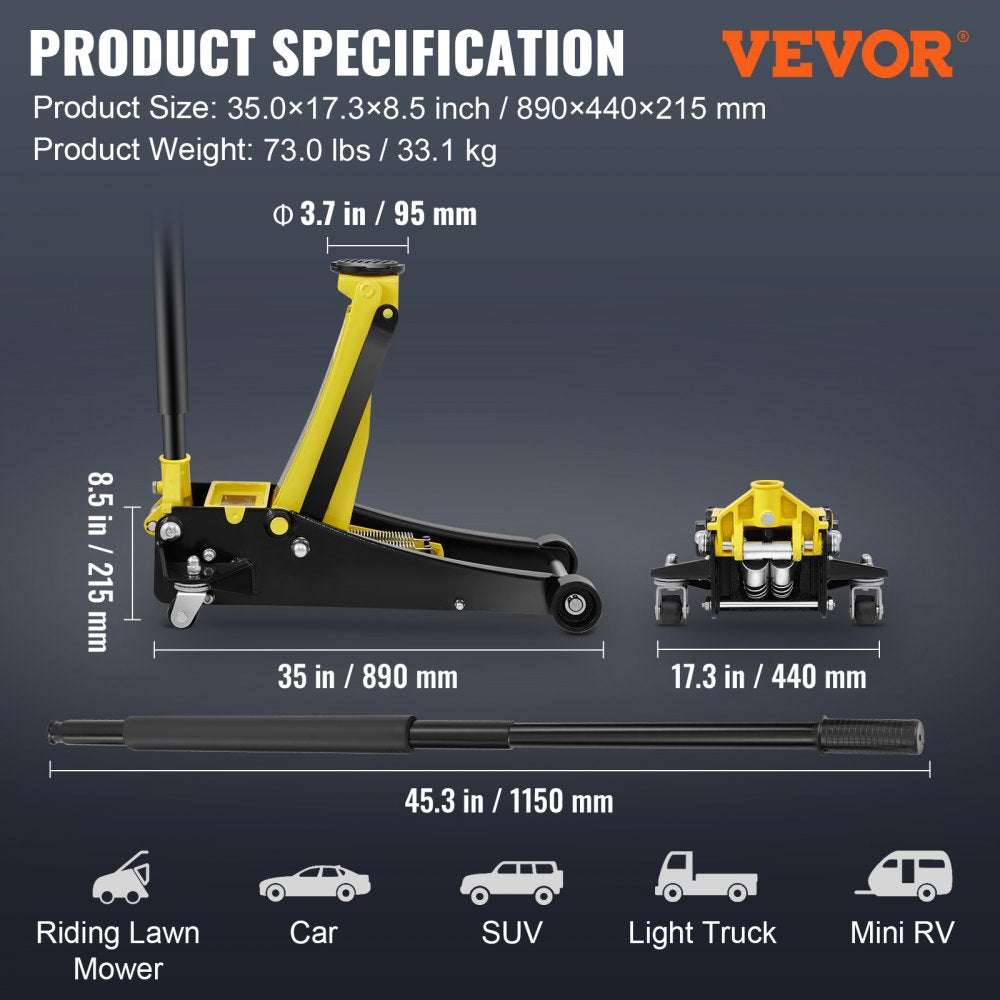 Floor Jack, 3 Ton Low Profile Floor Jack, Heavy-duty Steel Racing Floor Jack with Dual Pistons Quick Lift Pump, Floor Jack Lifting Range 3.35"-19.69"