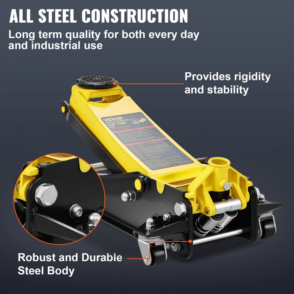 Low Profile Floor Jack 4 Ton Heavy Duty Steel Dual Piston Rapid Pump