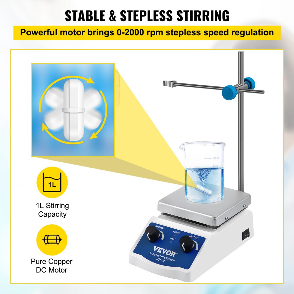 SH-2 Magnetic Stirrer, 0-2000 RPM, 1000ml Mixing Capacity Laboratory Magnetic Stirrer Hotplate w/ Stand, 180W Heating Power 380°C Max Heating Temperature, for Lab Liquid Mixing Heating