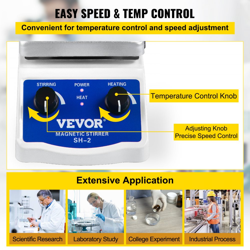 SH-2 Magnetic Stirrer, 0-2000 RPM, 1000ml Mixing Capacity Laboratory Magnetic Stirrer Hotplate w/ Stand, 180W Heating Power 380°C Max Heating Temperature, for Lab Liquid Mixing Heating