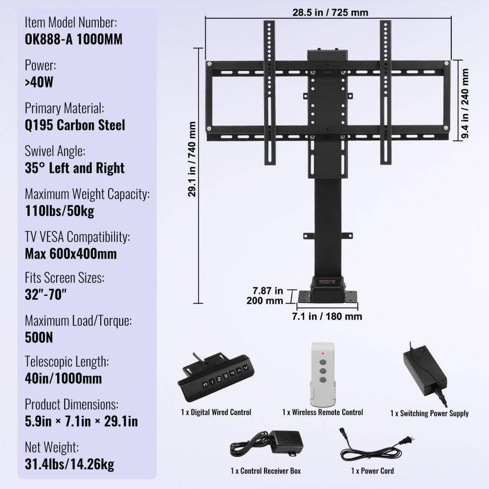 Swivel Motorized TV Lift Stroke Length 40 Inch Motorized TV Mount Fit for 32-70 Inch TV Lift with Remote Control Height Adjustable 28.74-68.11 Inch,Load Capacity 154 Lbs,Manual Swivel L/R 30°