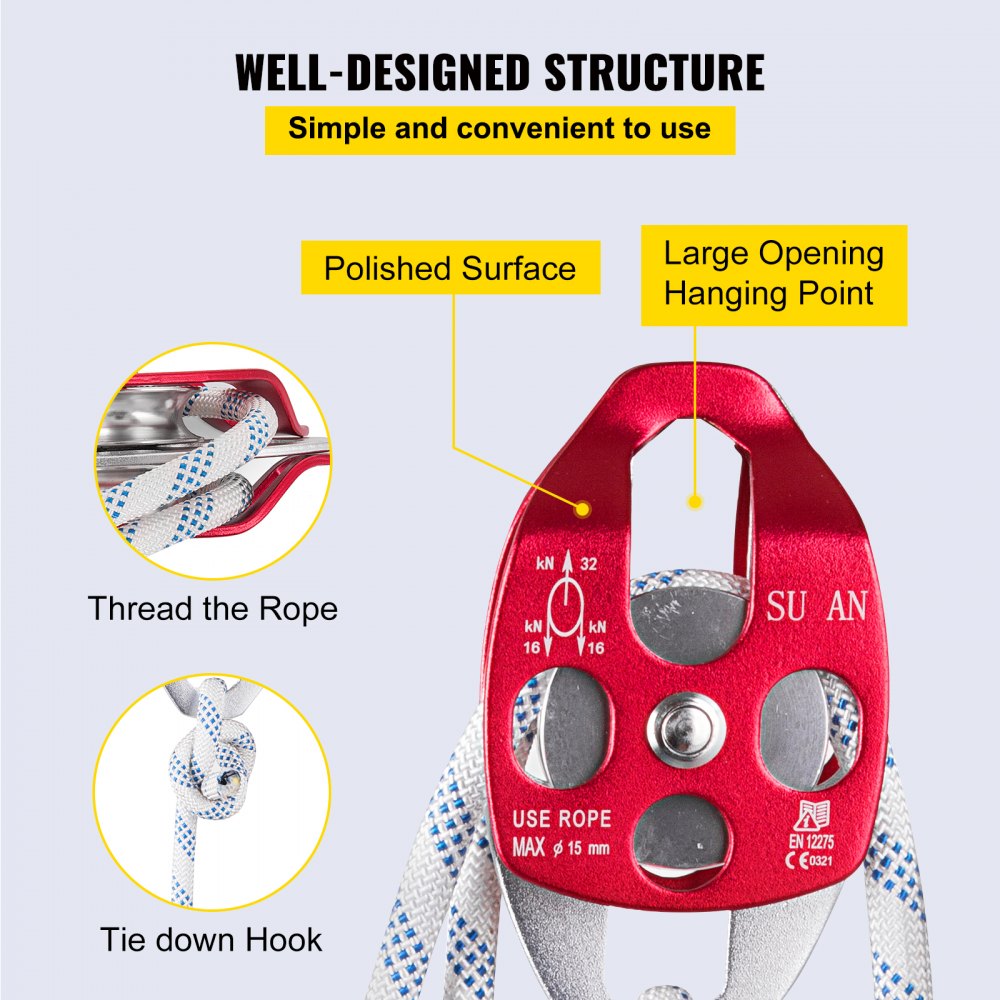 Twin Sheave Block and Tackle 1/2" x 100Ft Twin Sheave Block with Braid Rope 30-35KN 6600-7705LBS Double Pulley Rigging