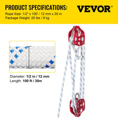 Twin Sheave Block and Tackle 1/2" x 100Ft Twin Sheave Block with Braid Rope 30-35KN 6600-7705LBS Double Pulley Rigging