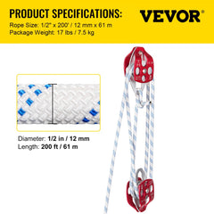 Twin Sheave Block and Tackle 1/2" x 200Ft Twin Sheave Block with Braid Rope 30-35KN 6600-7705LBS Double Pulley Rigging