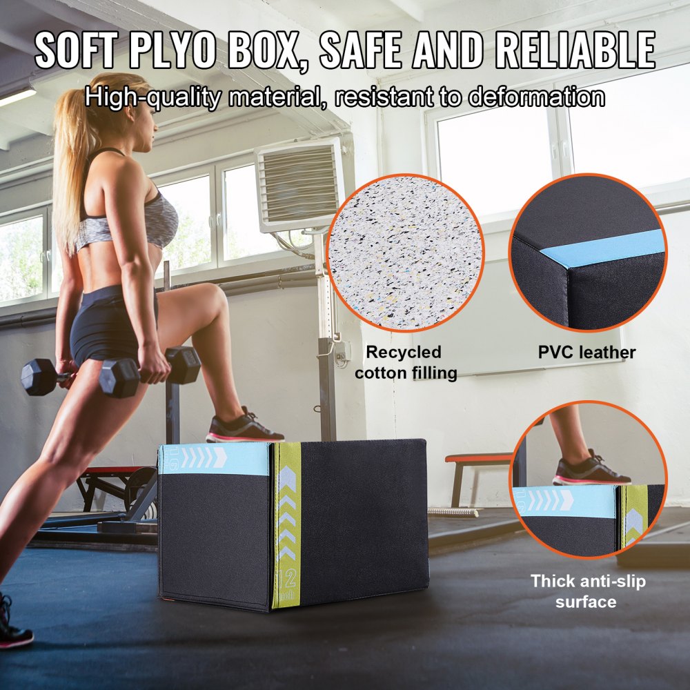 3 in 1 Plyometric Jump Box, 16/14/12 Inch Cotton Plyo Box, Platform & Jumping Agility Box, Anti-Slip Fitness Exercise Step Up Box for Home Gym Training, Conditioning Strength Training, Black