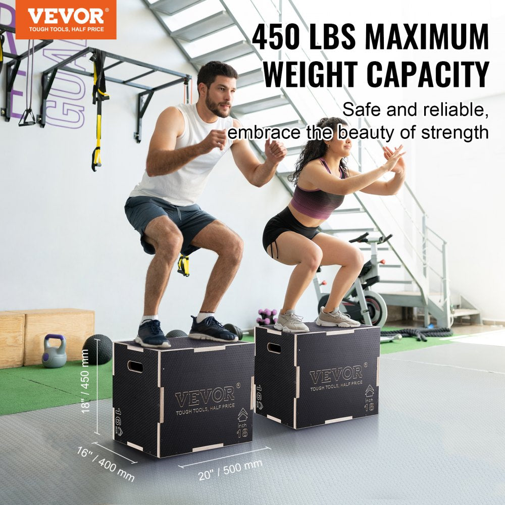 3 in 1 Plyometric Jump Box, 20/18/16 Inch Wooden Plyo Box, Platform & Jumping Agility Box, Anti-Slip Fitness Exercise Step Up Box for Home Gym Training, Conditioning Strength Training, Black