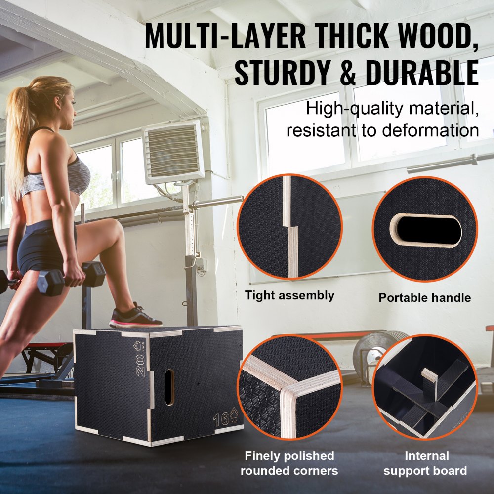 3 in 1 Plyometric Jump Box, 20/18/16 Inch Wooden Plyo Box, Platform & Jumping Agility Box, Anti-Slip Fitness Exercise Step Up Box for Home Gym Training, Conditioning Strength Training, Black