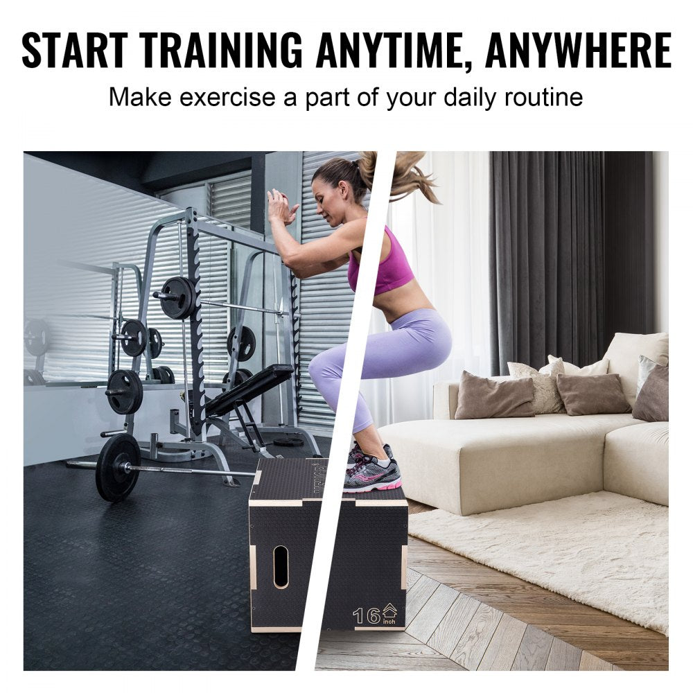 3 in 1 Plyometric Jump Box, 20/18/16 Inch Wooden Plyo Box, Platform & Jumping Agility Box, Anti-Slip Fitness Exercise Step Up Box for Home Gym Training, Conditioning Strength Training, Black
