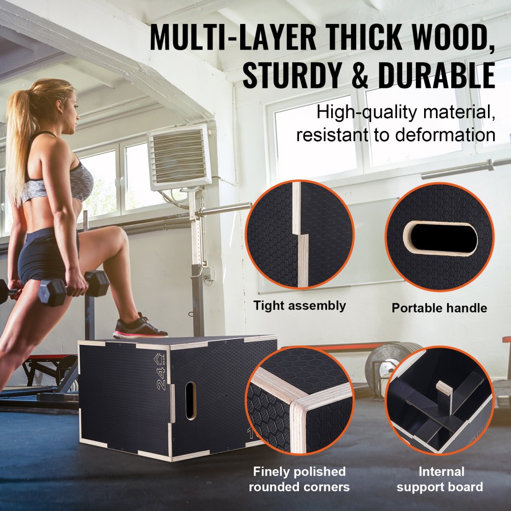 3 in 1 Plyometric Jump Box, 24/20/16 Inch Wooden Plyo Box, Platform & Jumping Agility Box, Anti-Slip Fitness Exercise Step Up Box for Home Gym Training, Conditioning Strength Training, Black