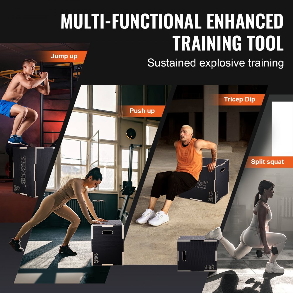 3 in 1 Plyometric Jump Box, 24/20/16 Inch Wooden Plyo Box, Platform & Jumping Agility Box, Anti-Slip Fitness Exercise Step Up Box for Home Gym Training, Conditioning Strength Training, Black