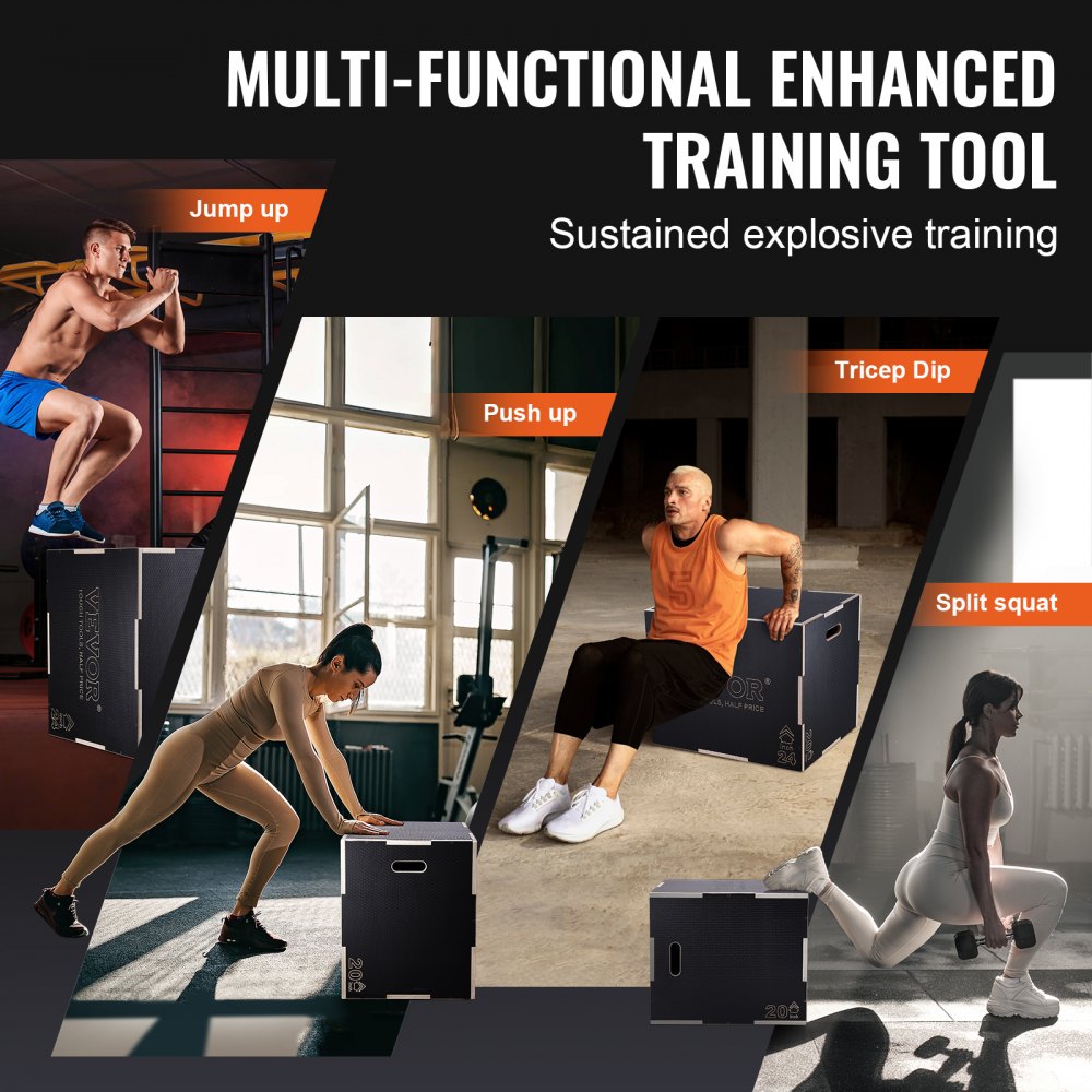 3 in 1 Plyometric Jump Box, 30/24/20 Inch Wooden Plyo Box, Platform & Jumping Agility Box, Anti-Slip Fitness Exercise Step Up Box for Home Gym Training, Conditioning Strength Training, Black