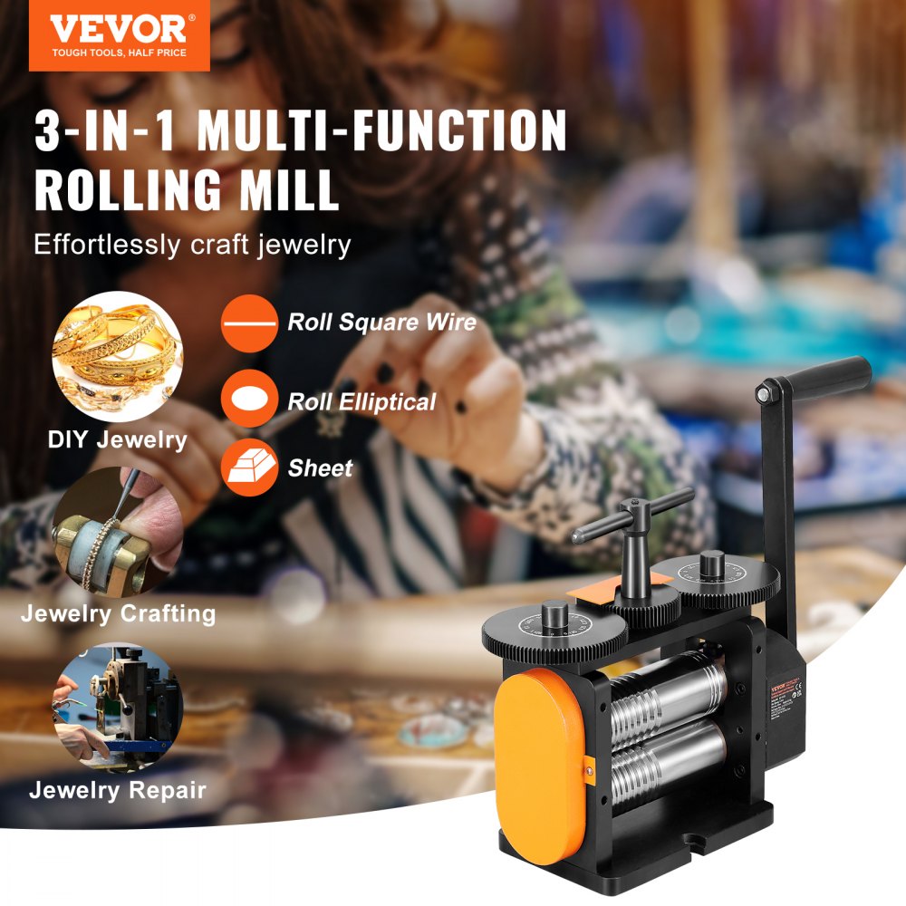3-in-1 jewelry rolling mill machine with 57mm rollers for sheet, square wire, and elliptical wire, adjustable to 0-5.5mm thickness.