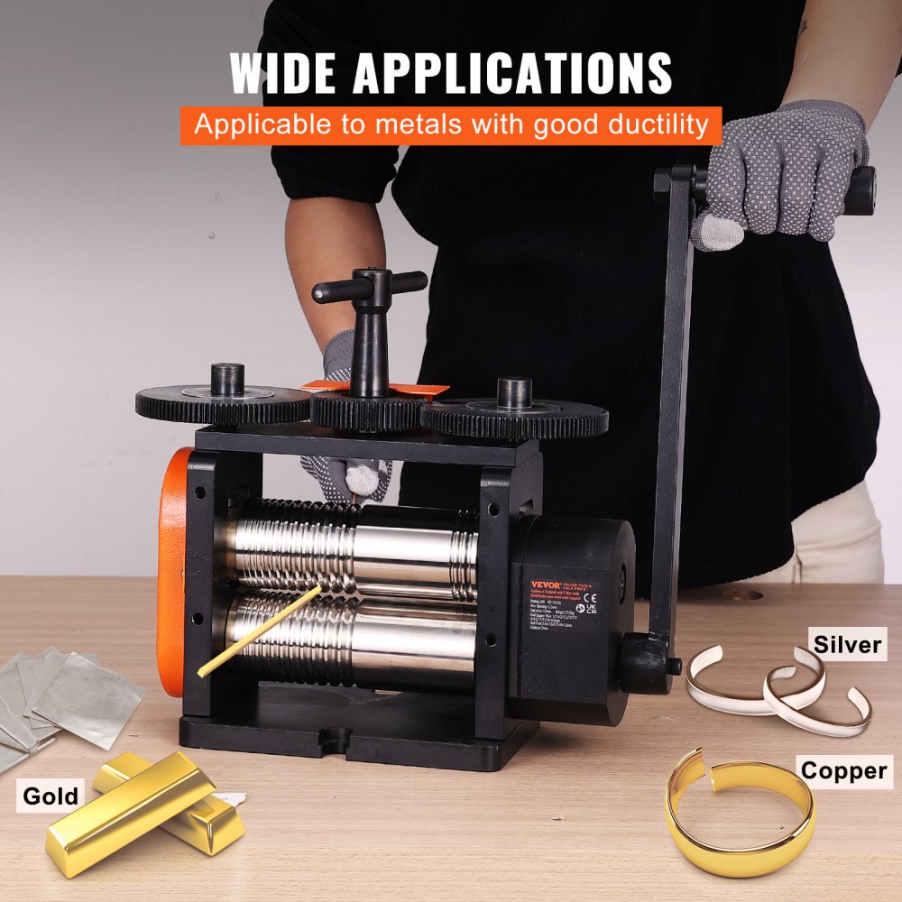 A 3-in-1 jewelry rolling mill machine with 57mm rollers flattening gold, silver, and copper into sheets and wires on a bench.