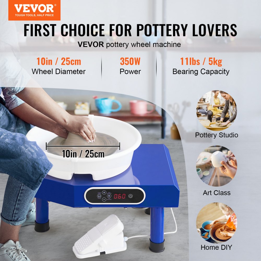 Pottery Wheel, 10in Ceramic Wheel Forming Machine, Foot Pedal ABS Detachable Basin, 60-300RPM Adjustable Speed Manual LCD Panel, Sculpting Tool Apron Accessory Kit for Work Art Craft DIY