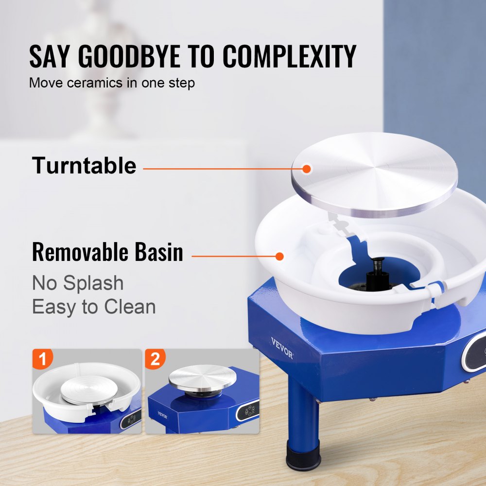 Pottery Wheel, 10in Ceramic Wheel Forming Machine, Foot Pedal ABS Detachable Basin, 60-300RPM Adjustable Speed Manual LCD Panel, Sculpting Tool Apron Accessory Kit for Work Art Craft DIY