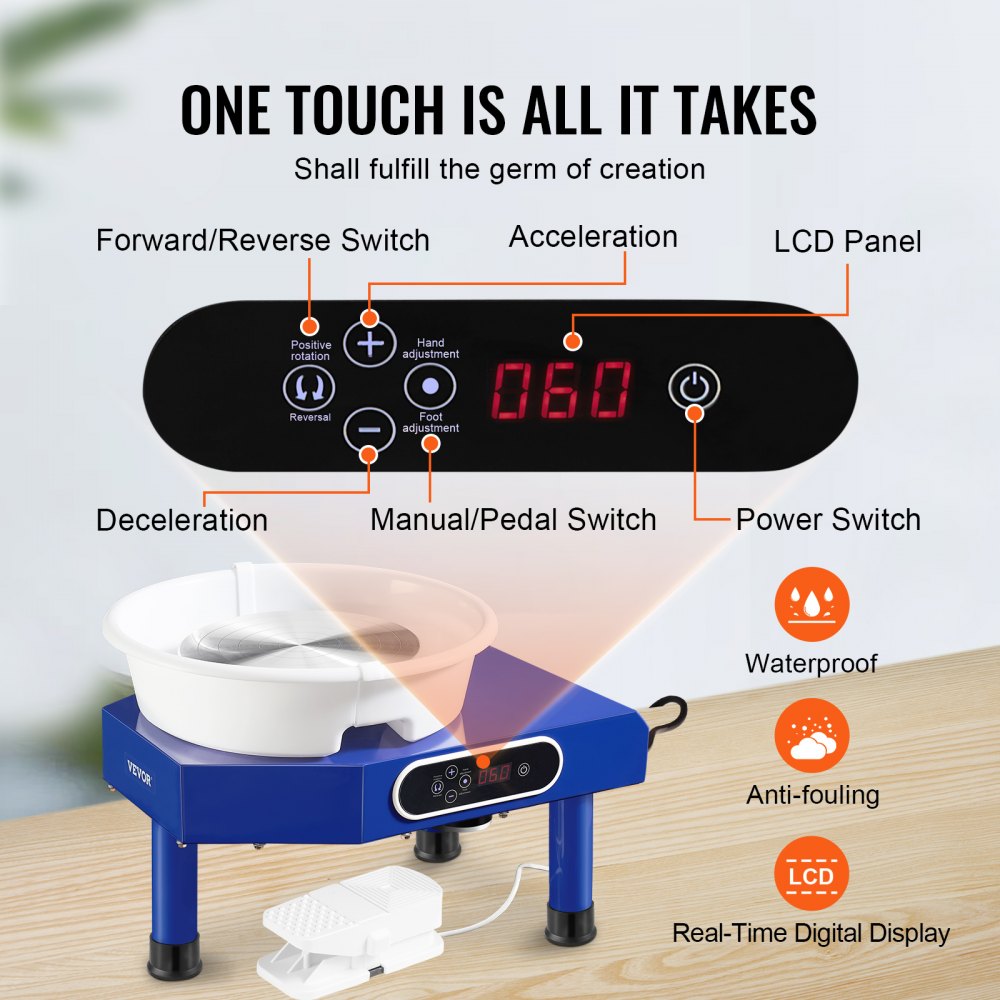 Pottery Wheel, 10in Ceramic Wheel Forming Machine, Foot Pedal ABS Detachable Basin, 60-300RPM Adjustable Speed Manual LCD Panel, Sculpting Tool Apron Accessory Kit for Work Art Craft DIY