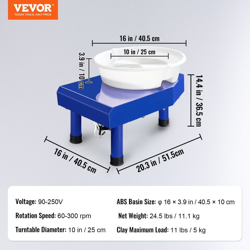 Pottery Wheel, 10in Ceramic Wheel Forming Machine, Foot Pedal ABS Detachable Basin, 60-300RPM Adjustable Speed Manual LCD Panel, Sculpting Tool Apron Accessory Kit for Work Art Craft DIY