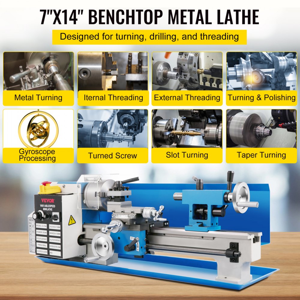 Bostome 7"x14" Mini Metal Lathe with adjustable speeds, LED light, and durable metal gears.