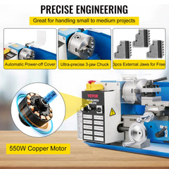 Mini metal lathe with a 550W motor, adjustable speeds, and built-in LED light.