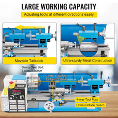 Bostome 7"x14" Mini Metal Lathe with adjustable tailstock and built-in LED light for precision work.