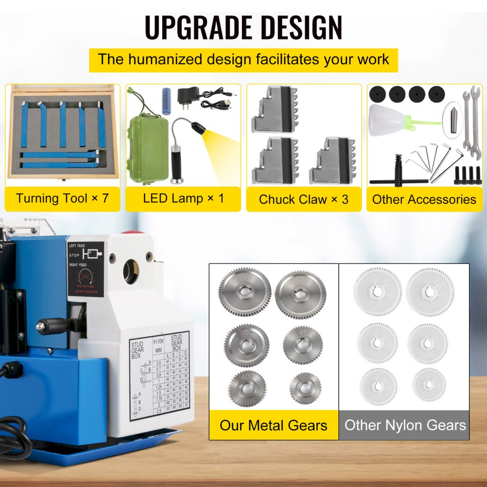 Mini metal lathe with 550W motor, adjustable speeds, LED light, and durable construction.
