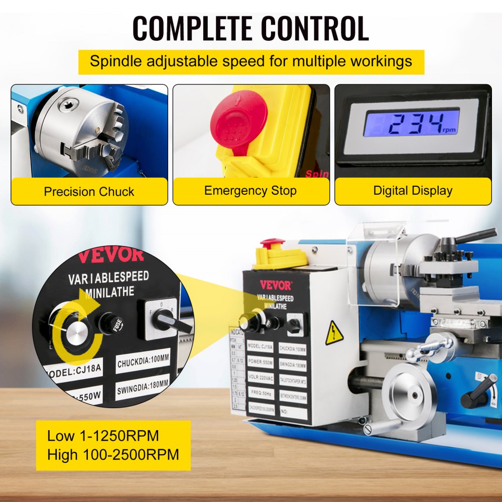 Bostome 7"x14" Mini Metal Lathe with adjustable speeds, LED light, and durable metal gears.