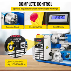 Bostome 7"x14" Mini Metal Lathe with adjustable speeds, LED light, and durable metal gears.