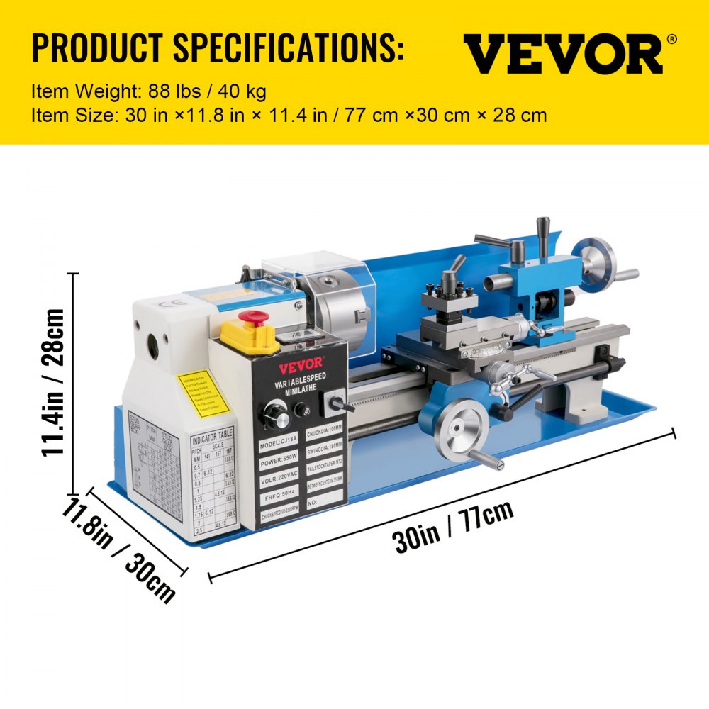 Mini metal lathe with a 550W motor, adjustable speeds, and built-in LED light.