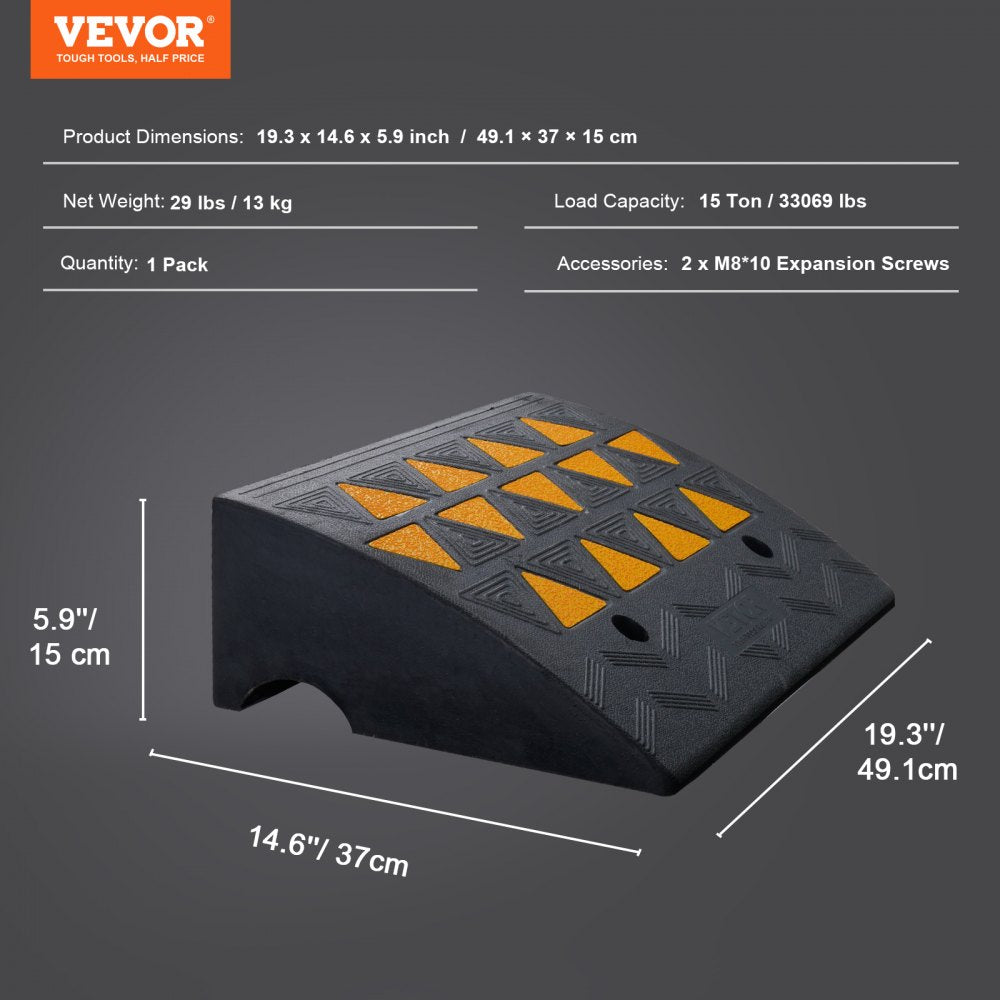 Rubber Curb Ramp 6" Rise Height Sidewalk Curb Ramp, 14.6" Width 19.3" Length Driveway Ramp for Curb, 15T Heavy Duty Rubber Ramp for Forklifts, Trucks, Buses, Cars, Wheelchairs, Bikes