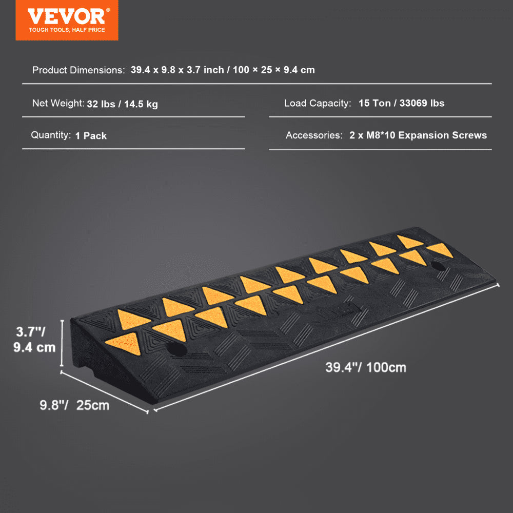 Rubber Curb Ramp 3.7" Rise Height Sidewalk Curb Ramp, 10" Width 39.4" Length Driveway Ramp for Curb, 15T Heavy Duty Rubber Ramp for Forklifts, Trucks, Buses, Cars, Wheelchairs, Bikes