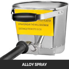 Stainless steel Bostome 4-jet plaster sprayer with black handle and yellow warning label.
