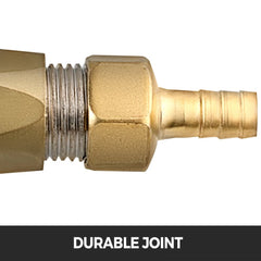 Close-up of durable brass hose joint with threaded connection and barbed end.