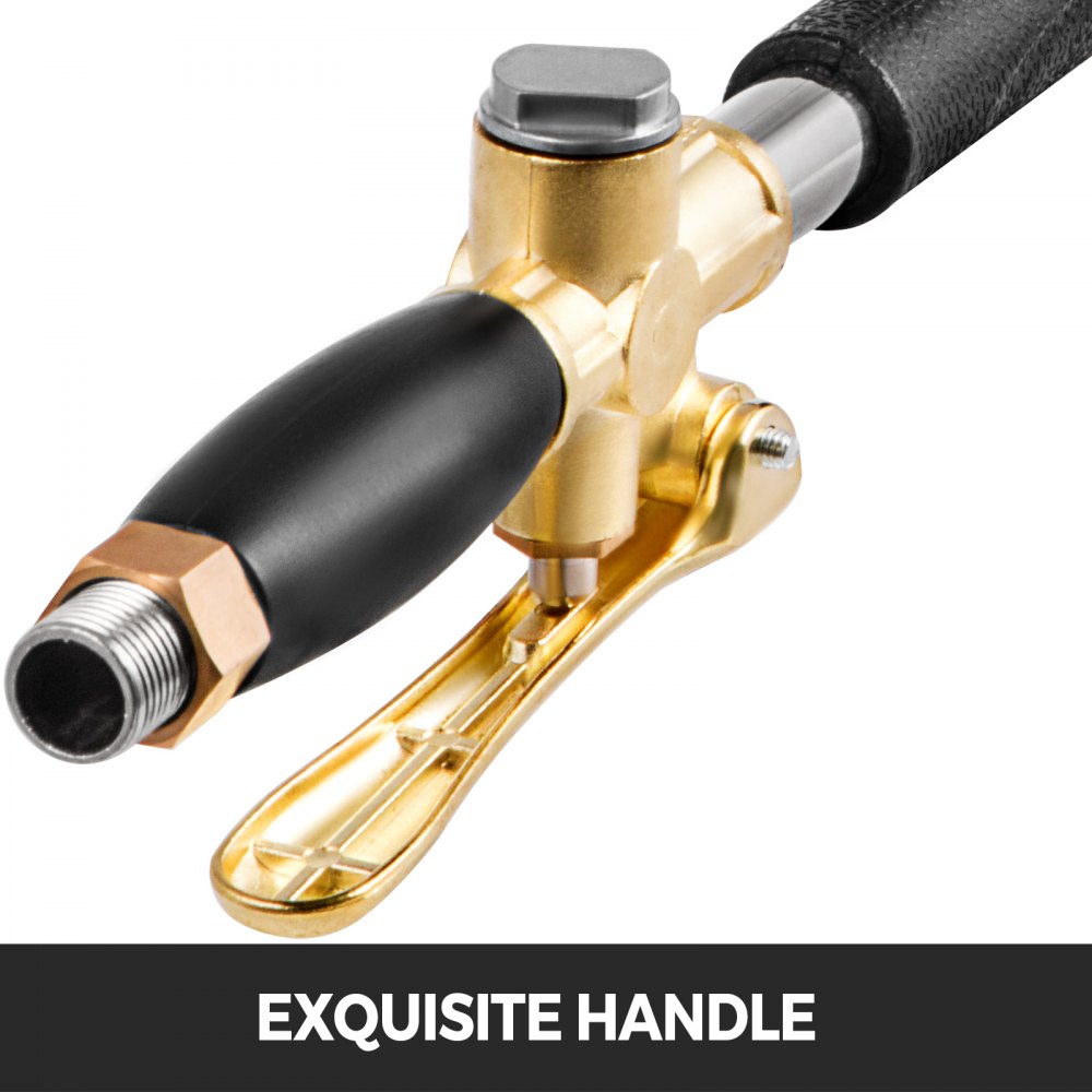 Stainless steel mortar gun with black handle, gold accents, and trigger lever.