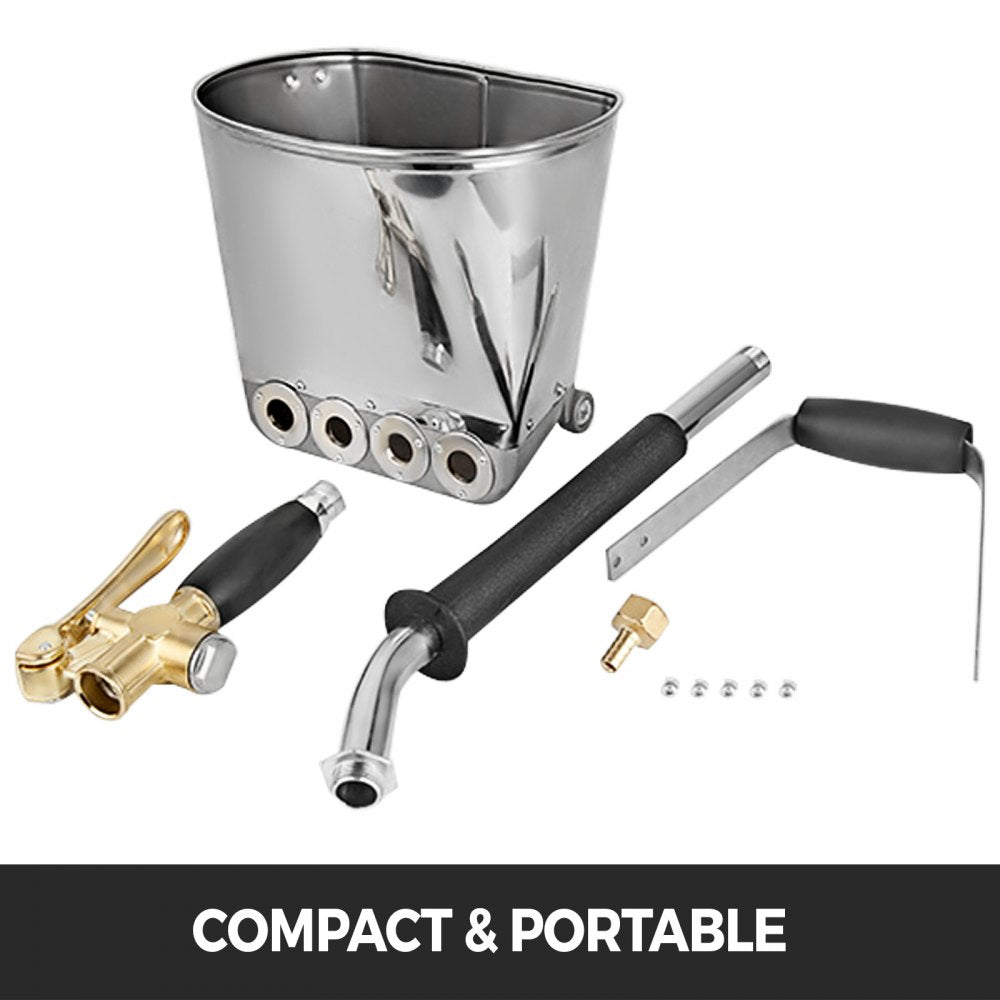 Stainless steel 4-jet mortar gun with 3HP motor, hopper, and spray attachments.