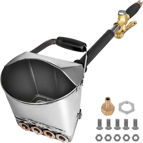 Stainless steel 4-jet pneumatic cement mortar sprayer with 80cm handle and accessories.
